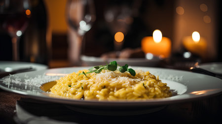 Risotto with parmesan cheese and basil on a wooden tableの素材