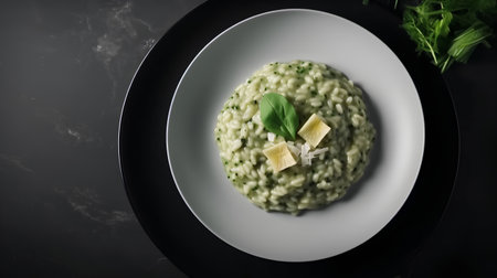 Risotto with parmesan cheese and basil on black plateの素材