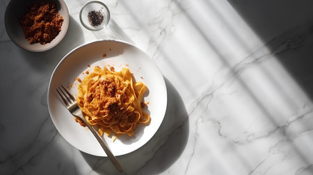 Spaghetti bolognese on a white plate on a marble tableの素材