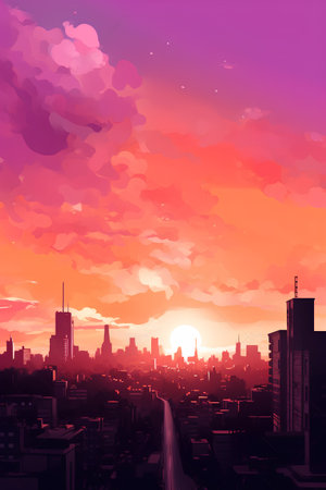 Cityscape with skyscrapers at sunset. Vector illustration EPS10の素材