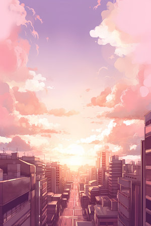 Cityscape with skyscrapers and sunset sky. Vector illustration.の素材