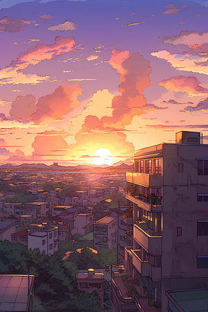 Sunset over the city. Vector illustration of a cityscape.の素材