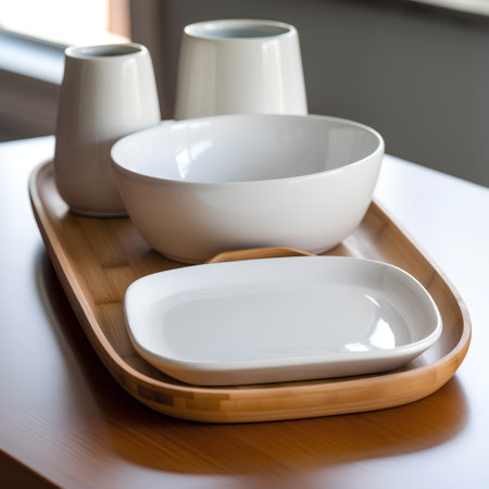 Ceramic tableware on a wooden tray. Selective focus.の素材