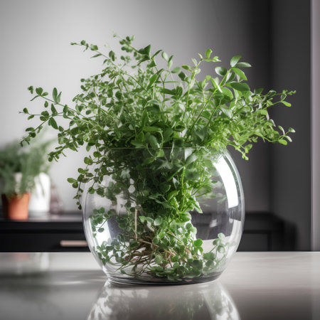 Fresh herbs in a glass vase on a table in a living roomの素材