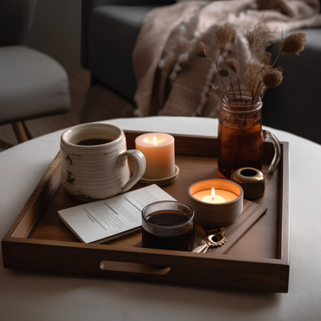 Wooden tray with coffee, candles and book on table in roomの素材