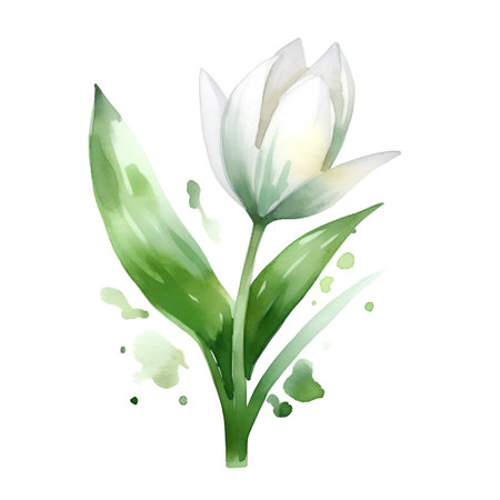 Watercolor white tulip isolated on white background. Hand drawn illustration.の素材