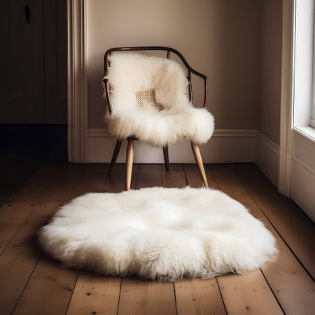 Vintage chair with white fur on wooden floor in the room.の素材