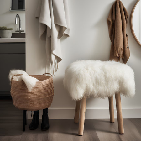 Interior of a modern bathroom with a wicker chair and a round mirrorの素材