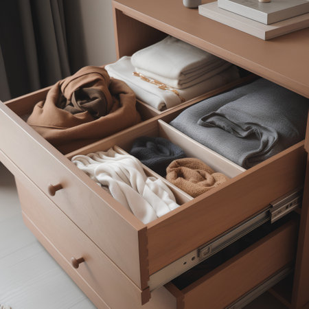 Open drawer with folded clothes in wardrobe, closeup. Toned imageの素材