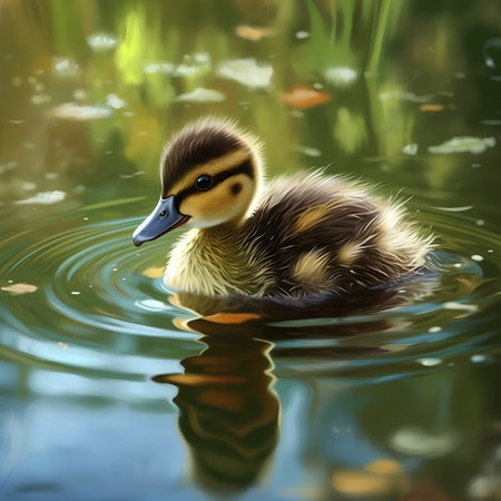 Duckling swimming in a pond with green grass and water reflectionの素材