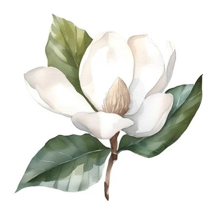 Watercolor magnolia flower. Hand painted illustration on white background.の素材