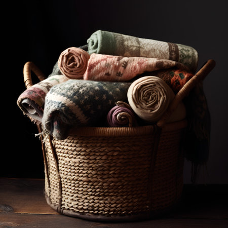 Wicker basket full of warm woolen clothes and accessories on dark backgroundの素材