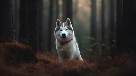 Portrait of a beautiful siberian husky dog in the forestの素材