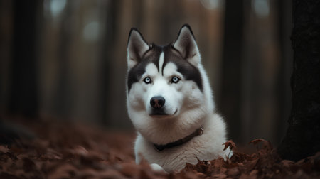 Portrait of a siberian husky in the autumn forestの素材