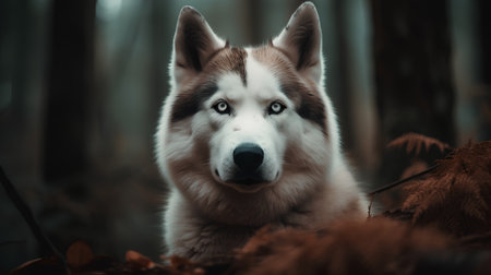 Portrait of a beautiful Siberian Husky dog in the autumn forestの素材