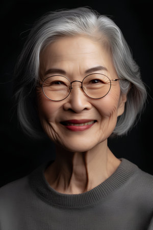 Portrait of smiling senior asian woman wearing glasses on black backgroundの素材