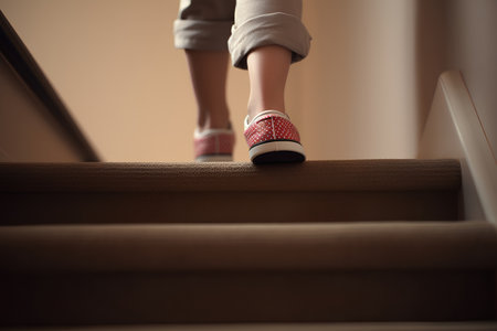 Close-up of woman legs walking up the stairs at home.の素材