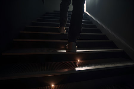 Businesswoman walking up the stairs in a dark room. Business conceptの素材