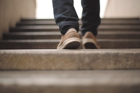 Close up of a man's legs walking up the stairs. Selective focus.の素材