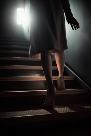 Close up of woman's legs standing on the stairs in dark roomの素材