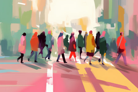 Crowd of people walking on the street. Urban scene. Vector illustration.の素材