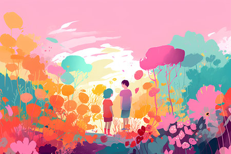 Vector illustration of a boy and girl walking in the autumn forest.の素材