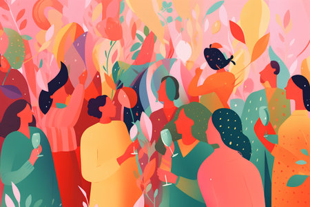 Group of people walking in the park. Colorful vector illustration.の素材