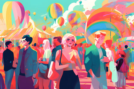 Crowd of people walking on city street. Colorful vector illustration.の素材