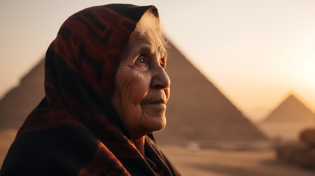 Egyptian elderly woman in the pyramids of Giza at sunsetの素材