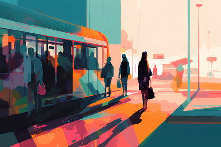 People walking in the city at the bus stop. Vector illustration.の素材