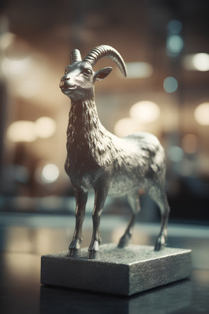 Sheep statuette on a pedestal in the museum.の素材