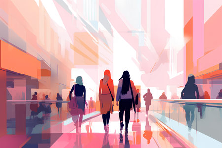 Vector illustration of people walking in the shopping mall. Colorful backgroundの素材