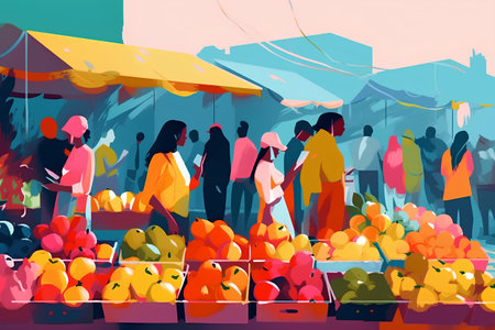 Fruits and vegetables in the market. Vector illustration of people walking in the street.の素材