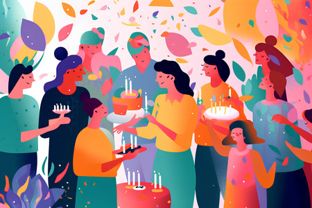 Birthday party vector illustration. Happy people celebrating with cake, candles and confetti.の素材