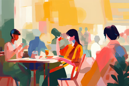 People sitting in a cafe and drinking coffee. Vector illustration in flat styleの素材