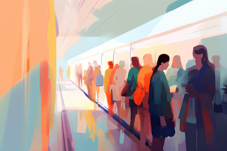 People in the subway station. Vector illustration of a crowd of people.の素材