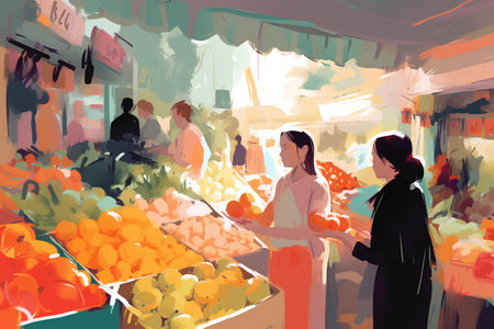 Fruits and vegetables at the market. Vector illustration of a woman buying fruits.の素材