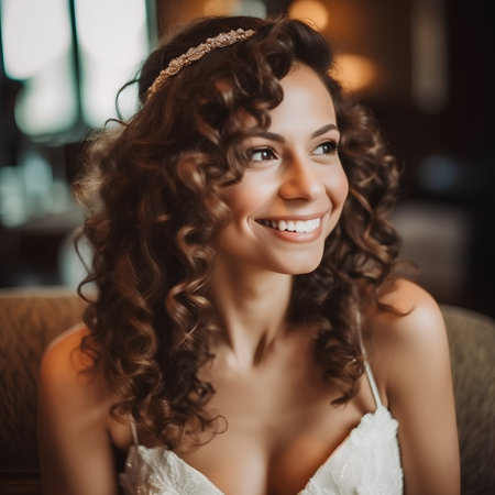 Portrait of a beautiful bride with curly hair in a restaurant.の素材