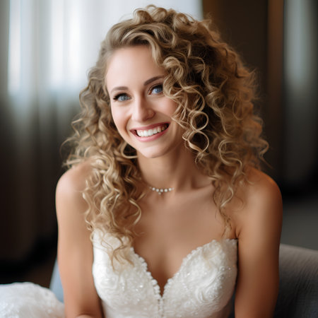 Portrait of a beautiful bride in wedding dress with curly hair.の素材