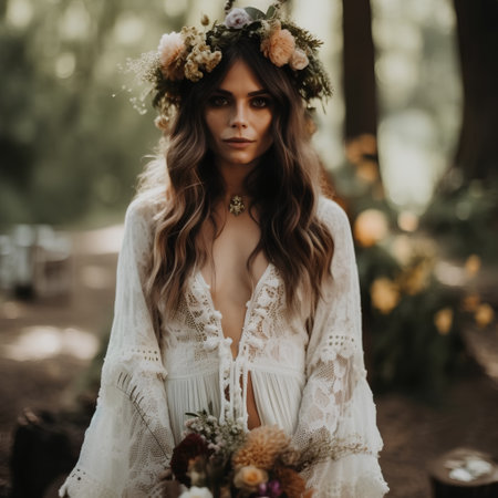 Portrait of a beautiful bride with a wreath of flowers on her headの素材