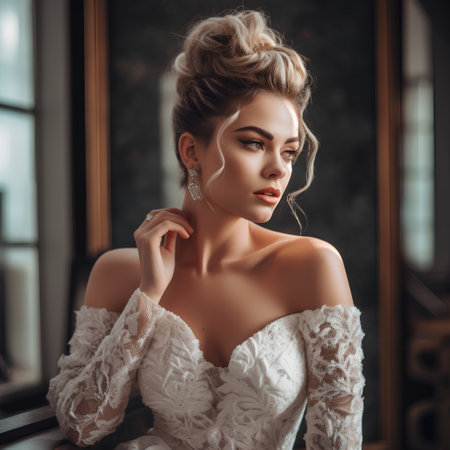 Portrait of beautiful young woman with makeup in fashion wedding dress.の素材