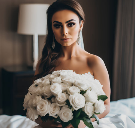 beautiful bride with bouquet of white roses on bed at homeの素材