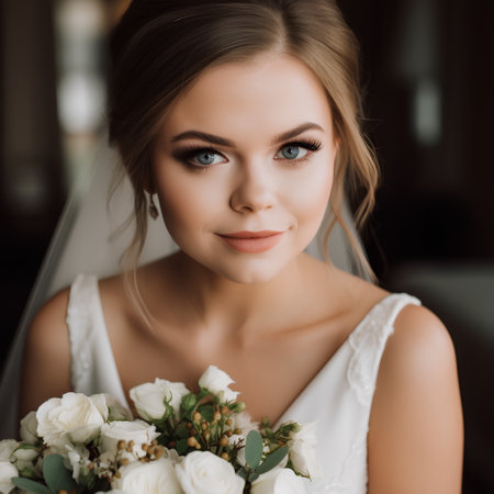 Portrait of beautiful bride in wedding dress with bouquet of flowersの素材