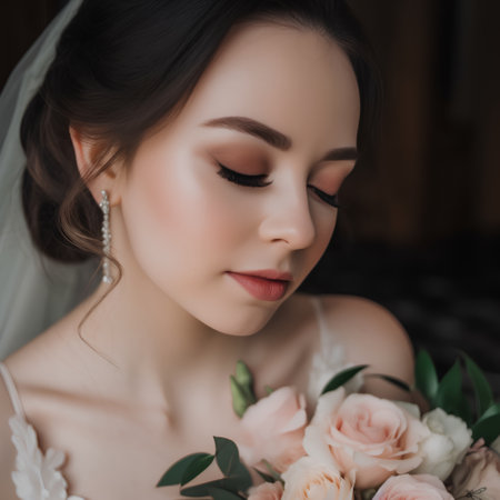 portrait of a beautiful bride with a bouquet of pink rosesの素材