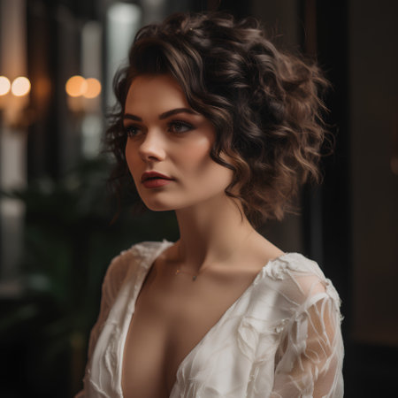 Portrait of beautiful young woman with curly hairstyle and makeup.の素材