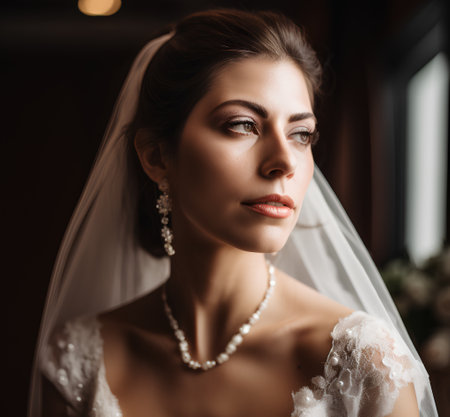 Portrait of beautiful bride in wedding dress with makeup and hairstyleの素材