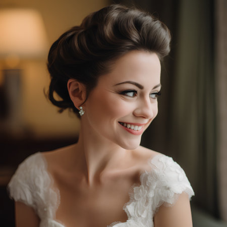 Portrait of beautiful bride in white wedding dress with makeup and hairstyleの素材