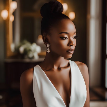 Beautiful african american woman in white dress and earringsの素材