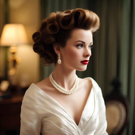 Retro portrait of beautiful woman in white dress with pearls.の素材