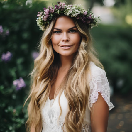 Beautiful young woman with a wreath of flowers on her headの素材